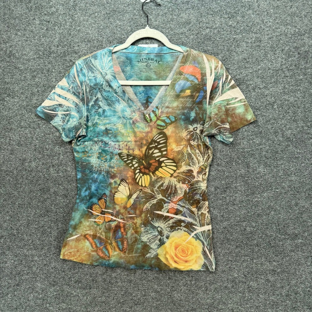 Mineral Tshirt Womens Large Multi Color Butterfly Floral Burnout Y2K Vintage 90s